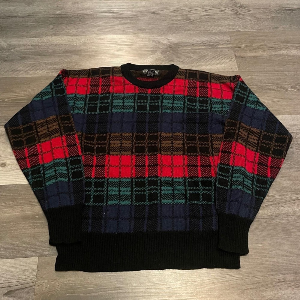 Vintage Expressions Mens Plaid Knit Sweater Multi-Color Crewneck Acrylic Size M